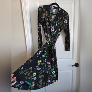 H&M Black Floral Long Sleeve  Wrap Dress -  S